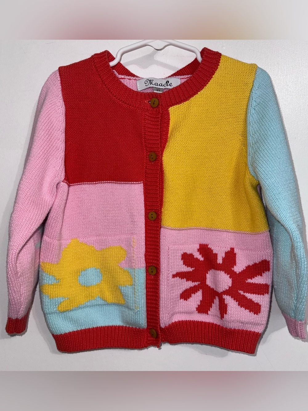 Maacie Maude Coral, Pink & Yellow Colorblock Knit Cardigan size 3